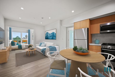 A modern living room with a dining table and chairs.