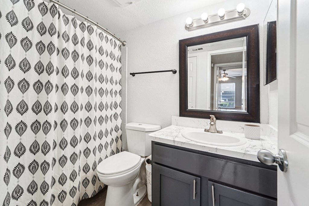 A bathroom with a toilet, sink, and shower curtain.