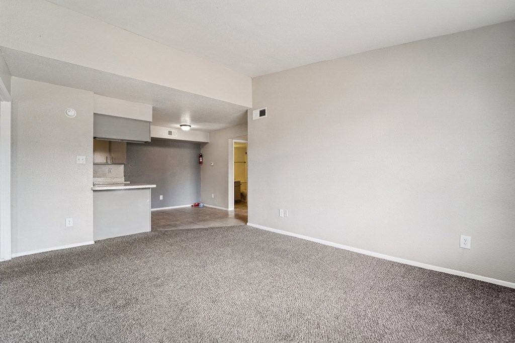 A large empty room with a carpeted floor and white walls.