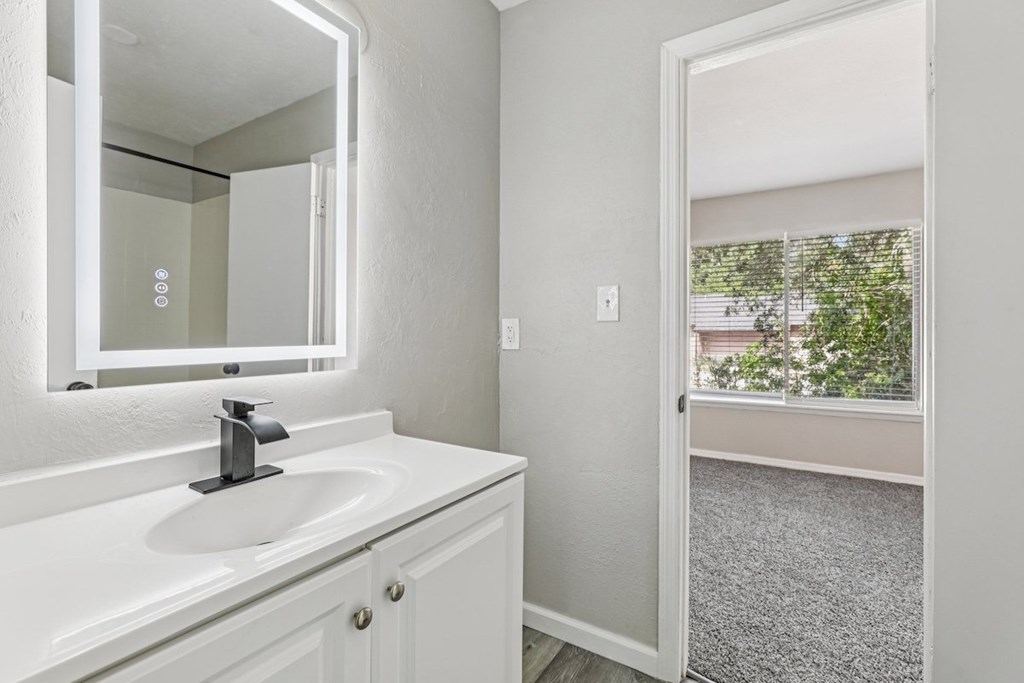 A bathroom with a white sink and a mirror.