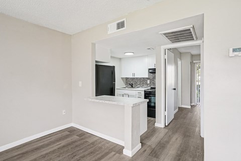A kitchen area with a counter and cabinets.