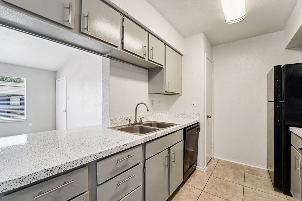 A kitchen with a black refrigerator and stainless steel appliances.