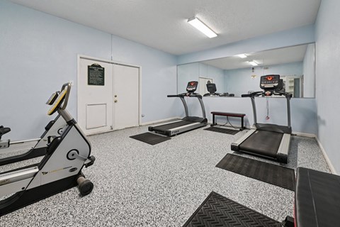 A gym with treadmills and a mirror.
