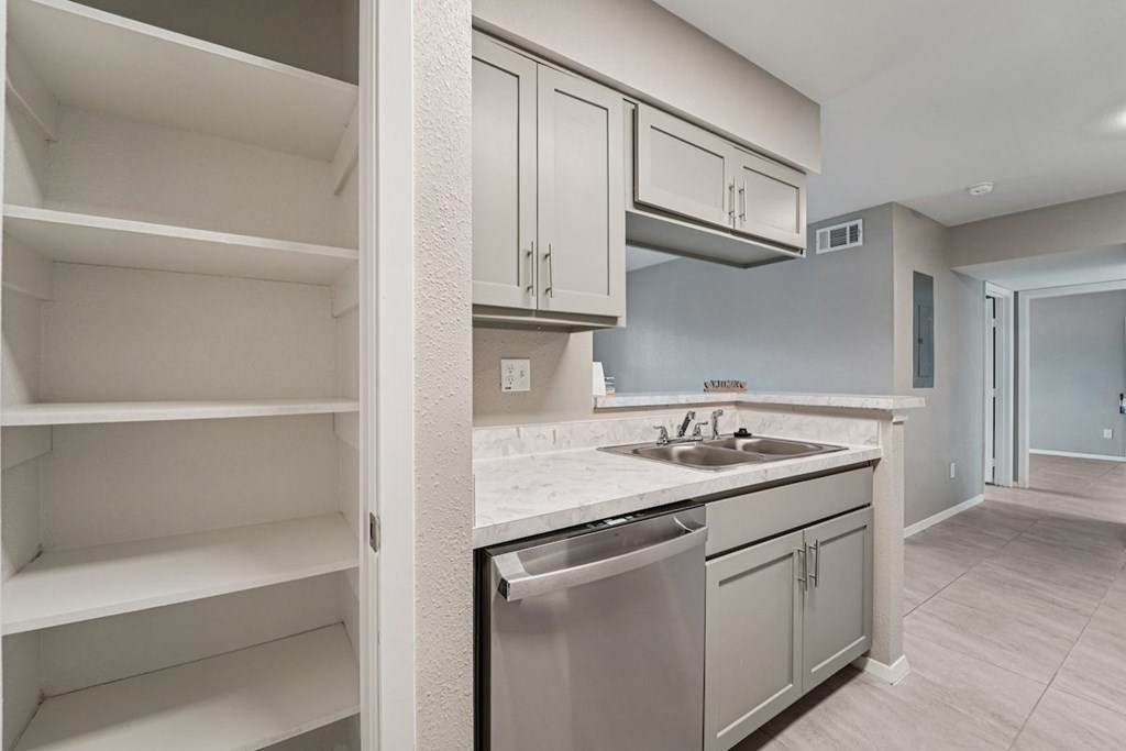 A kitchen with a sink, dishwasher and cabinets.