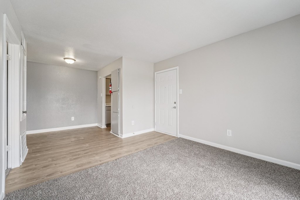 A room with a grey carpet and white walls.