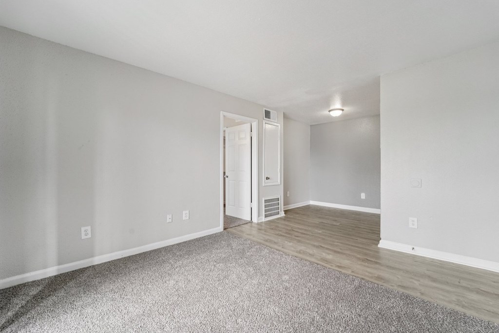 A room with a grey carpet and a white door.