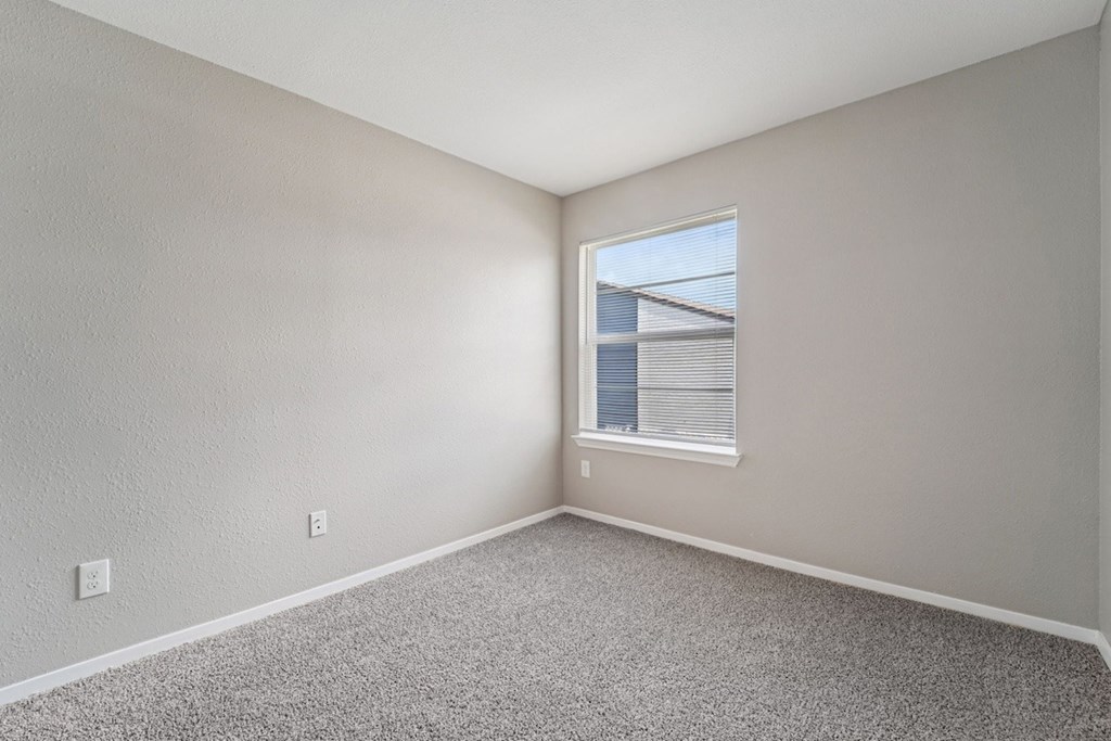 A room with a carpeted floor and a window.