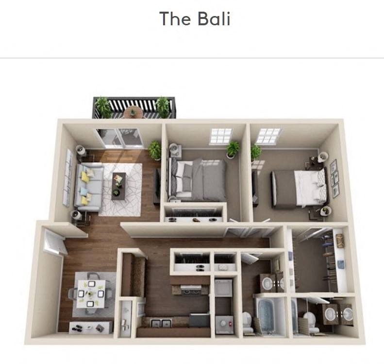 The Bali Reno 2x2 984 sqft floor plan at ascot place