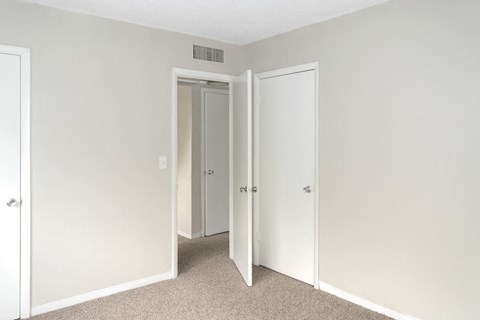 A carpeted bedroom with a closed closet door.