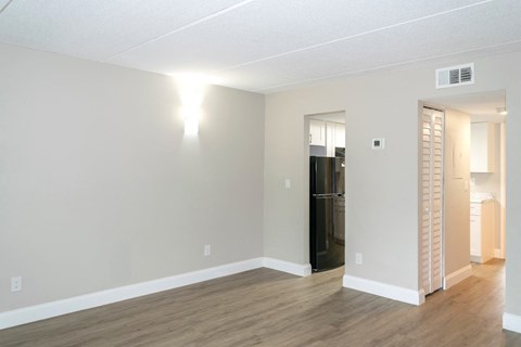 an empty living room with a mirrored closet and a hard wood floor