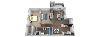 a floor plan of a studio apartment with a bedroom and a living room with a kitchen and