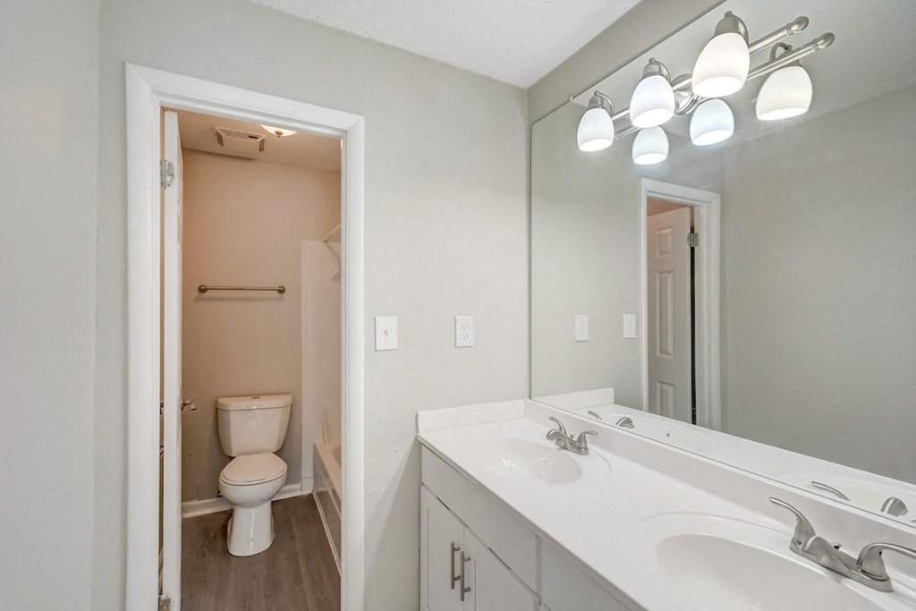 a bathroom with two sinks, a mirror, toilet, tub and shower at Hills at Hoover 35216
