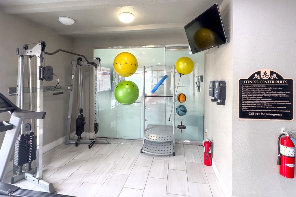 Crosby at Weschase Apartments Gym with yoga and strength training equipment