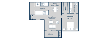 Kirkwood Landing's B 1-bed, 1-bath, 618 square foot floor plan