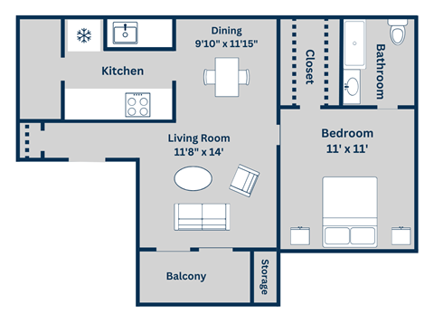 Kirkwood Landing's B 1-bed, 1-bath, 618 square foot floor plan