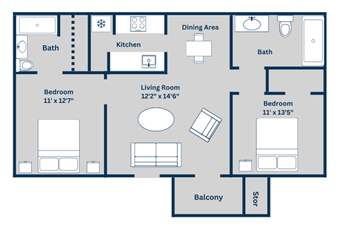 Kirkwood Landing's E 2-bed, 2-bath, 926 square foot floor plan