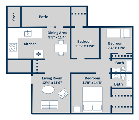 Kirkwood Landing's G 3-bed, 2-bath, 1152 square foot floor plan