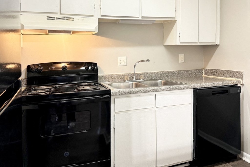 a kitchen with black appliances and white cabinets and a sink a kitchen with black appliances and white cabinets and a sink at Spring Lake Cove Apartments, Birmingham Alabama
