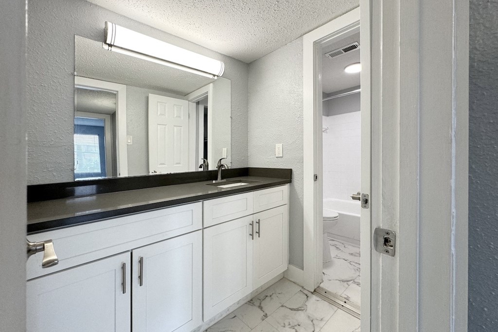a bathroom with white cabinets and a sink and a mirror a bathroom with white cabinets and a sink and a mirror at Ascot Place Apartments, Birmingham, AL 35235
