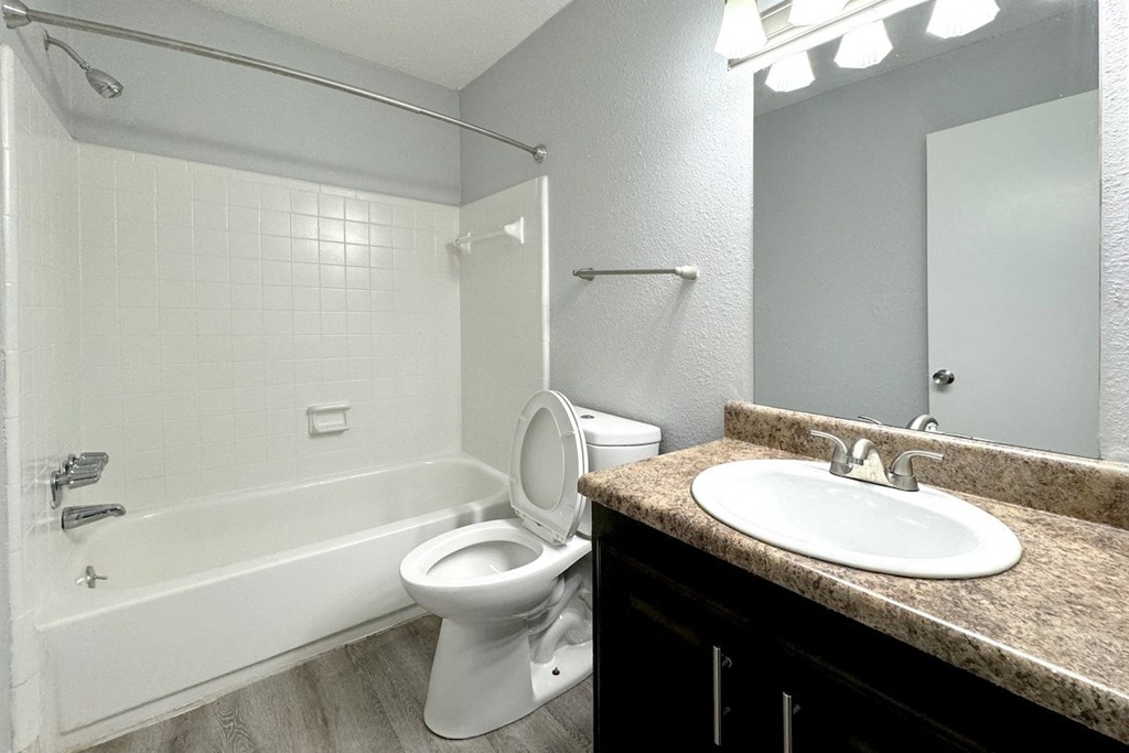 a bathroom with a toilet and a sink and a bath tub a bathroom with a toilet and a sink and a bath tub at Ascot Place Apartments, Alabama
