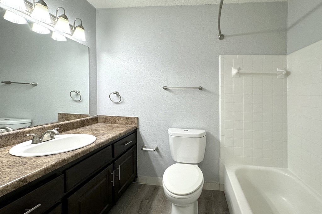 a bathroom with a sink toilet and a bath tub a bathroom with a sink toilet and a bath tub at Ascot Place Apartments, Alabama, 35235