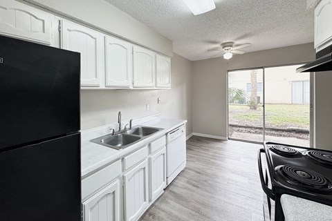A black refrigerator stands next to a white sink in a kitchen.