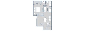 The 599 square foot 1x1 floor plan at Pine Creek Apartments in Houston, TX