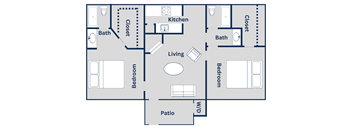 The 837 square foot 2x2 floor plan at Pine Creek Apartments in Houston, TX