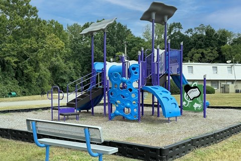 a playground at a park with a blue playset at Spring Lake Cove Apartments, Alabama