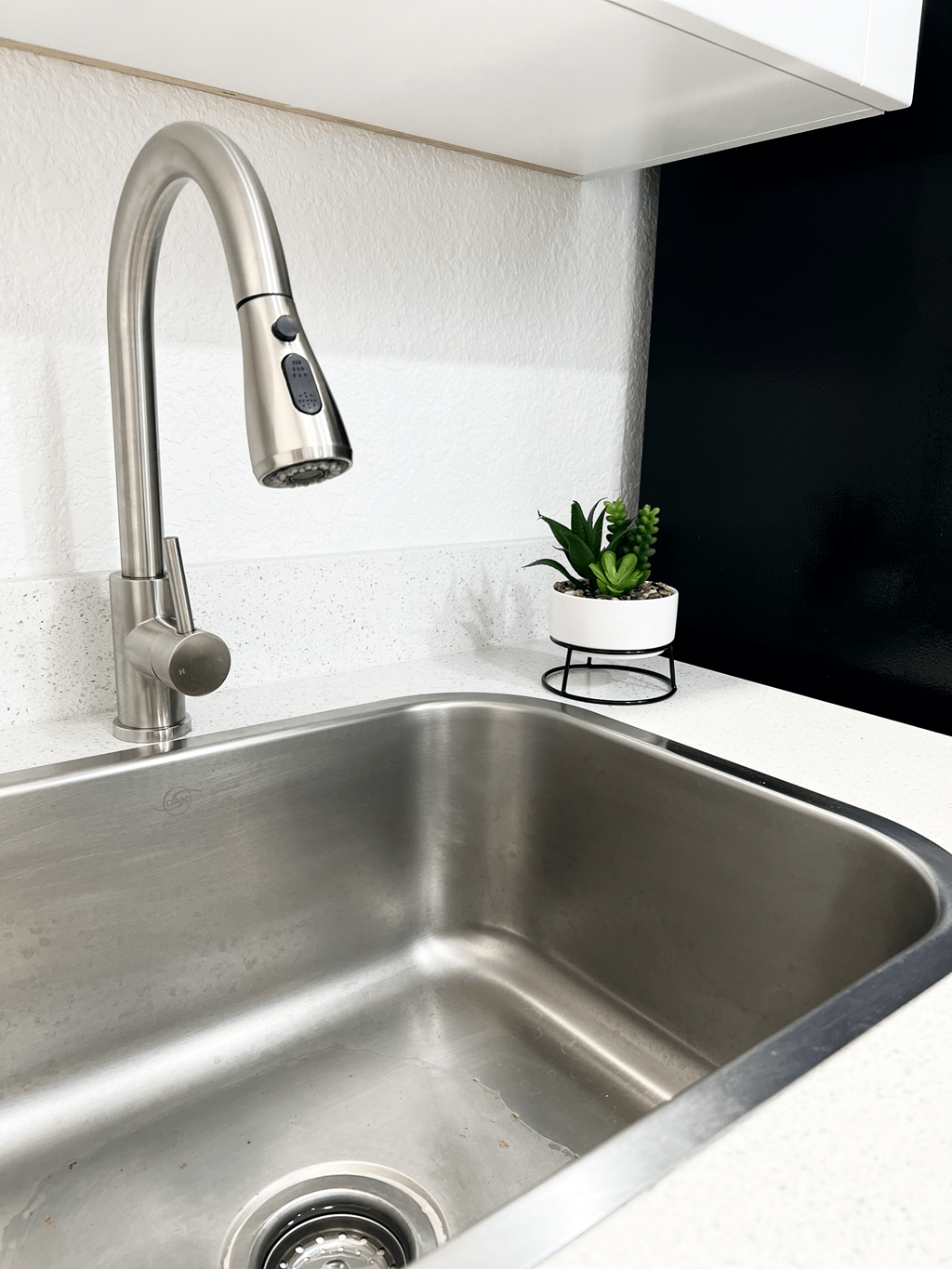 a kitchen sink with a faucet and a small plant on the counter