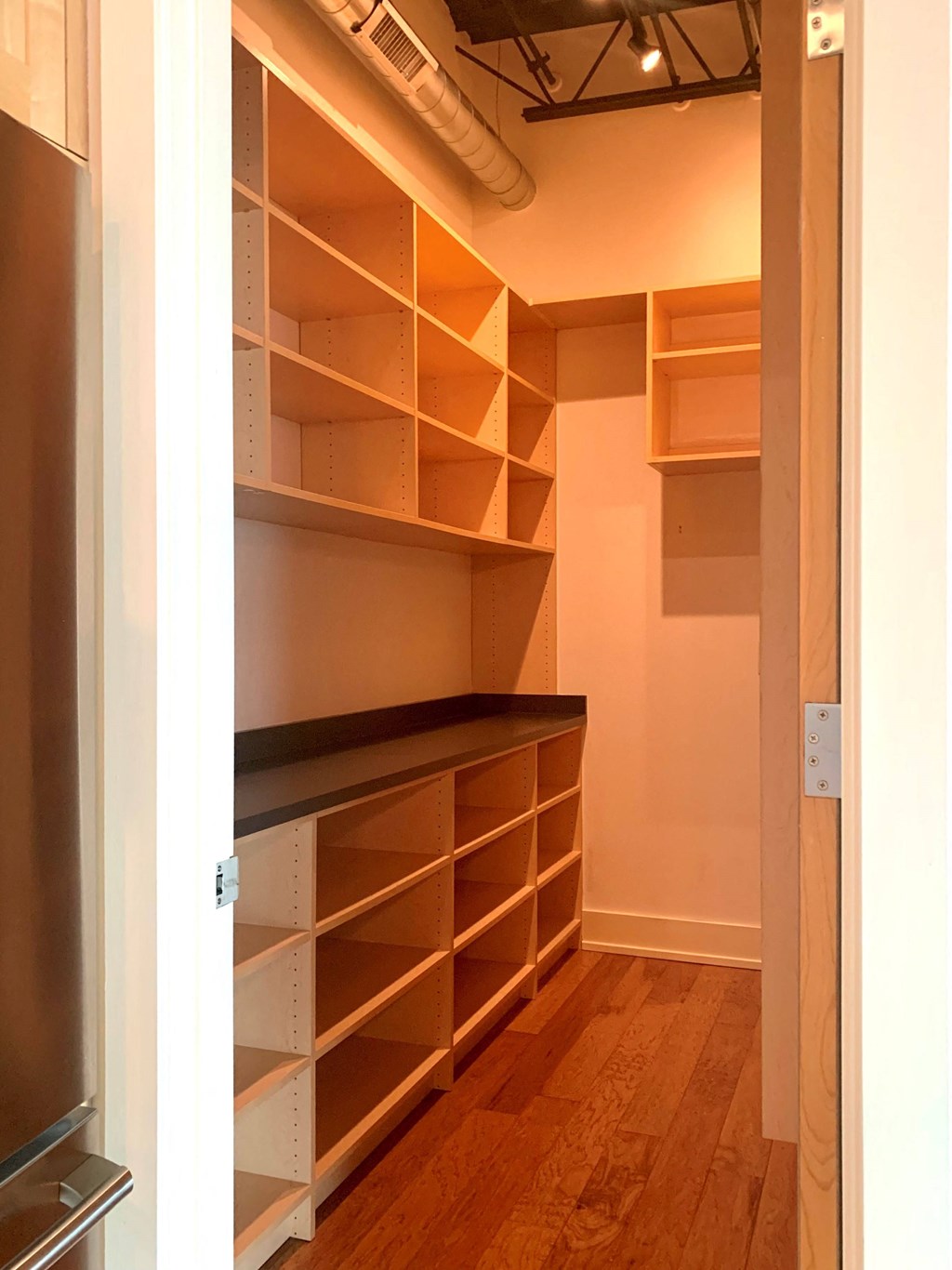 a walk in closet with shelves and a door