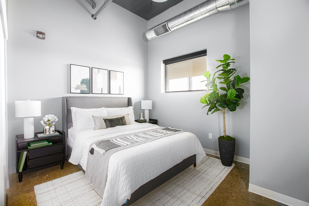 a bedroom with a white bed and a potted plant