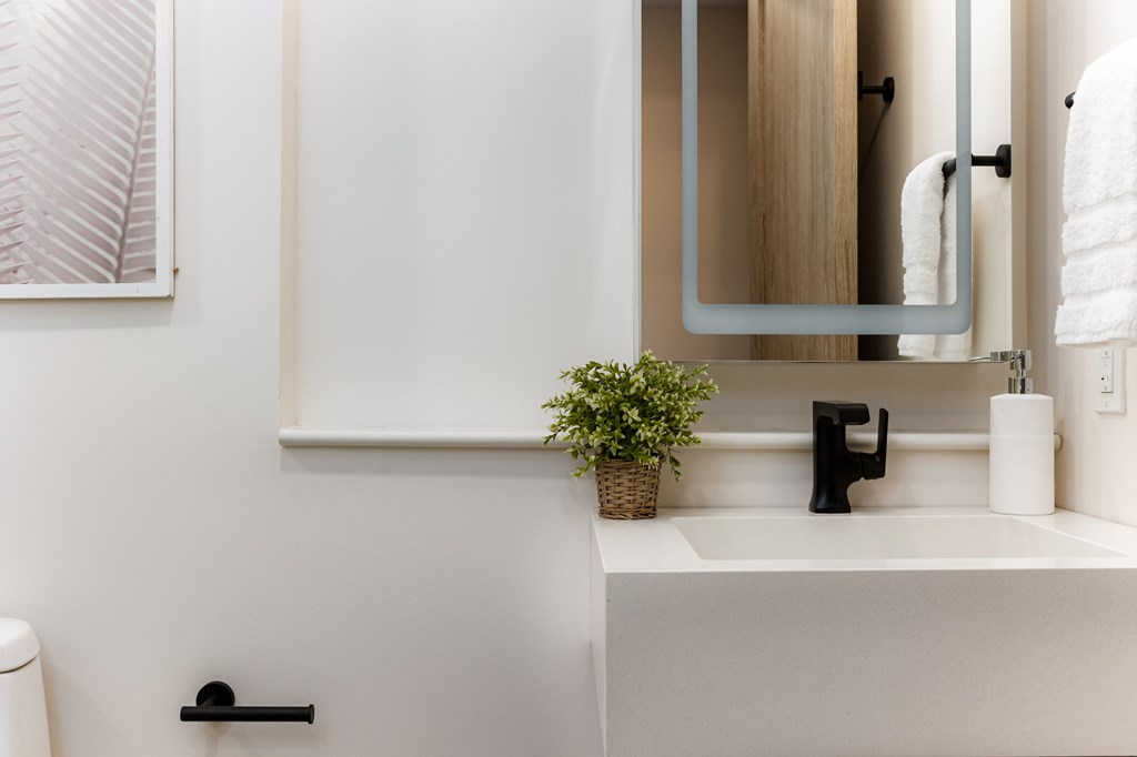 A white sink with a black faucet and a plant in a basket.