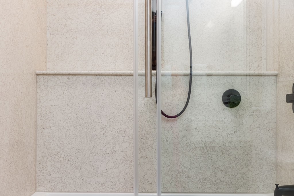 A shower door with a black handle and a black drain plug.