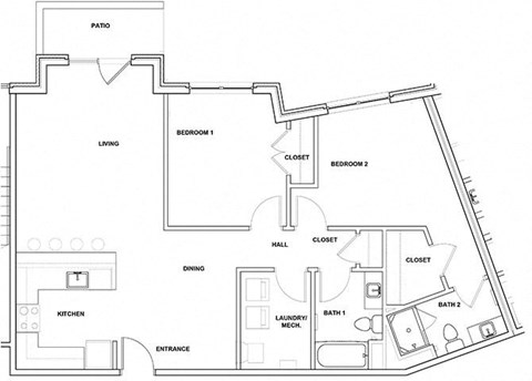 Tambour 2 Bedroom 2 Bathroom Floor Plan at River Point West Apartments, Elkhart, IN, 46516