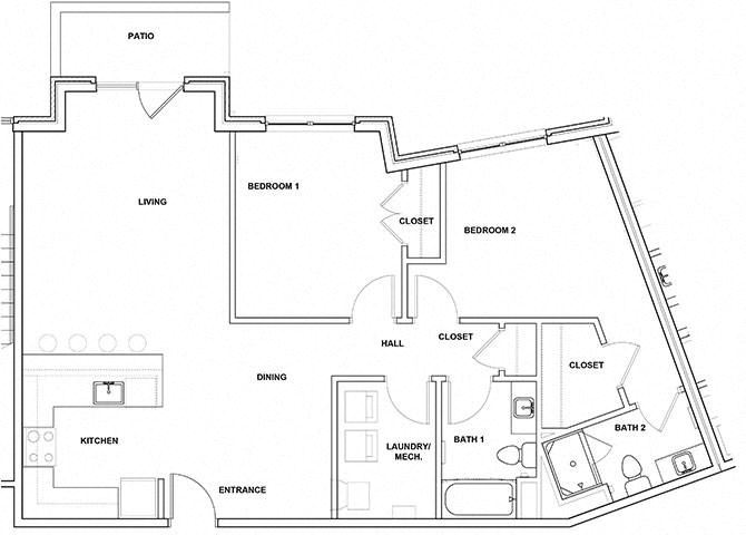 Tambour 2 Bedroom 2 Bathroom Floor Plan Tambour 2 Bedroom 2 Bathroom Floor Plan at River Point West Apartments, Elkhart, IN, 46516
