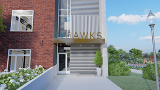 a rendering of a building with a hawk sign on the side of it