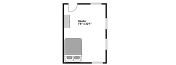 A floor plan of a studio apartment is shown with dimensions.