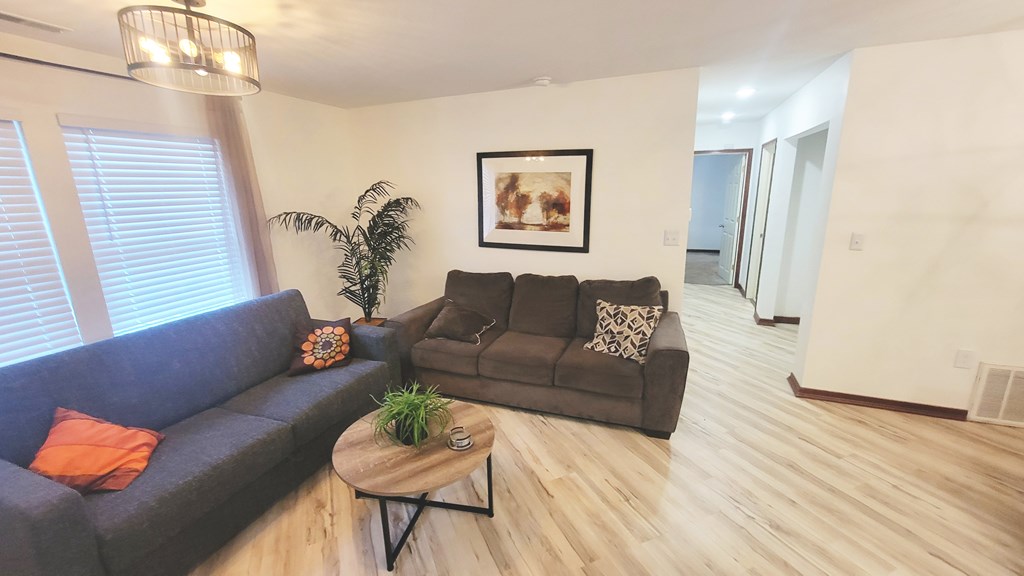 A living room with a grey couch and a brown couch with pillows.