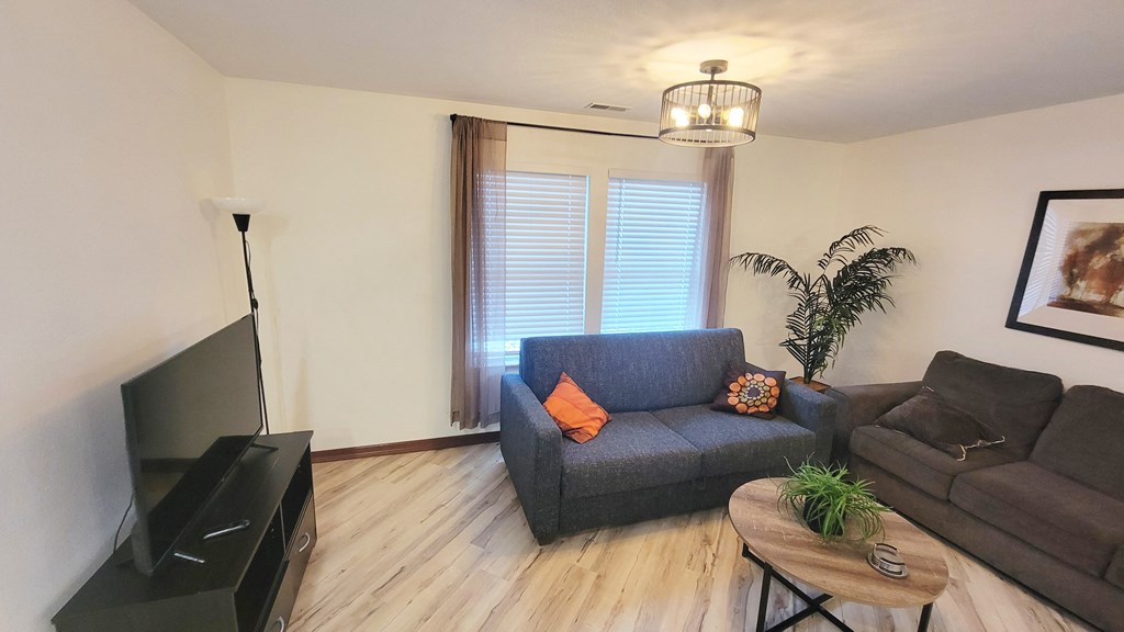 A living room with a grey couch, a black television, and a wooden coffee table.