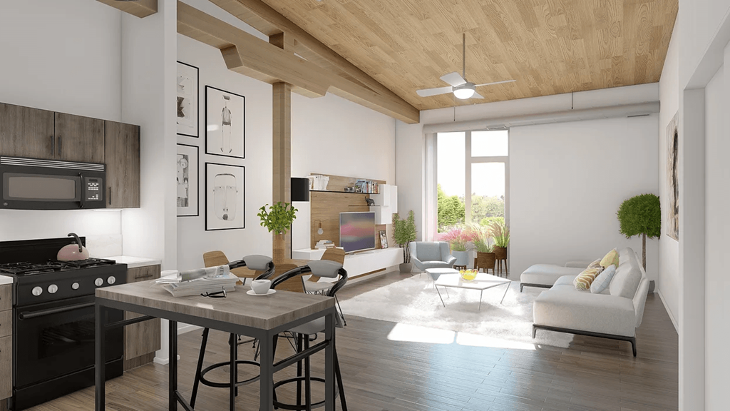 a rendering of a living room with a kitchen and dining area
