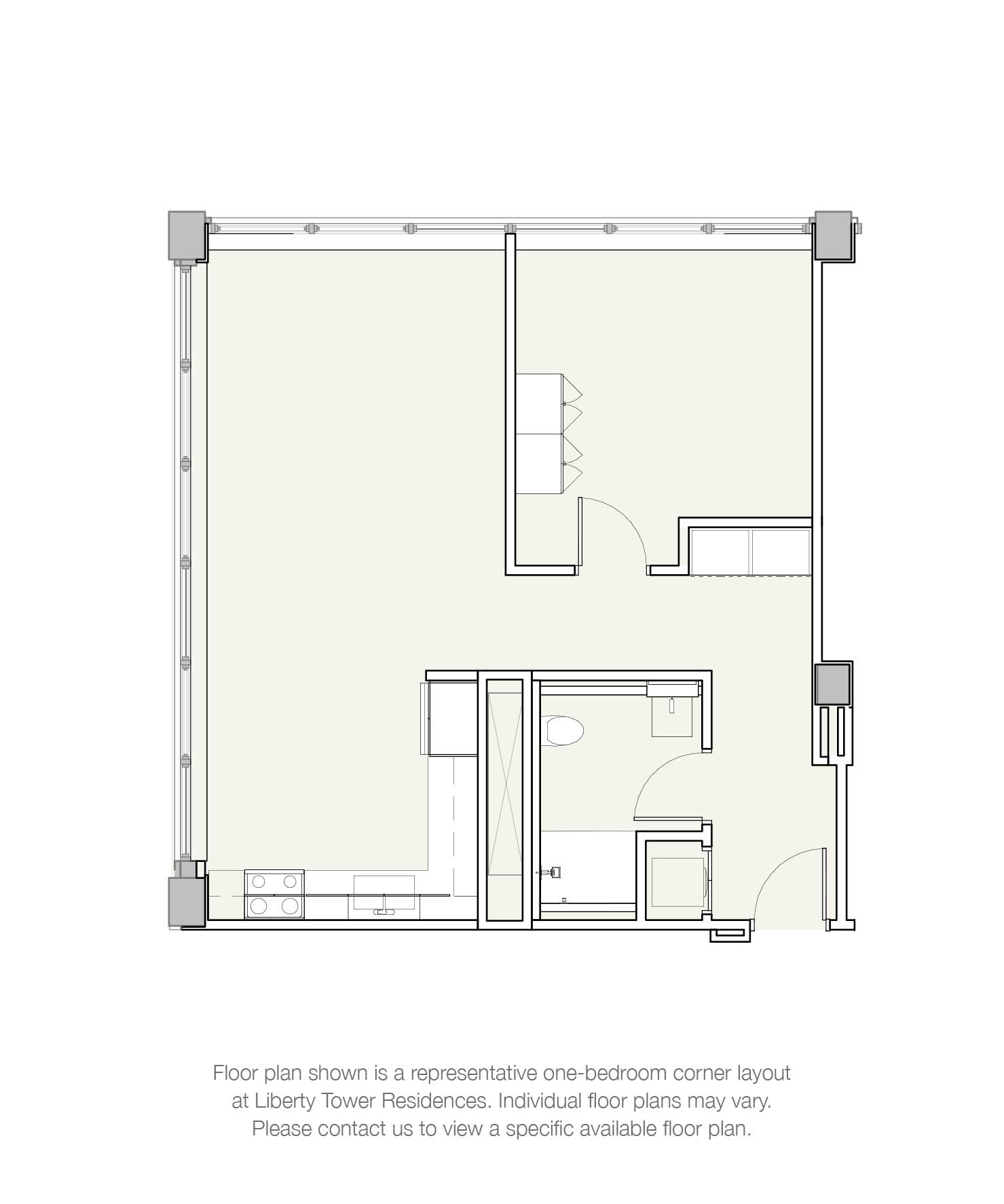 A floor plan for a one-bedroom apartment at Liberty Tower Residences is shown.