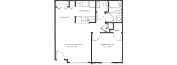 A black and white floor plan of a house with a living room, dining room, kitchen, bathroom, and two bedrooms.