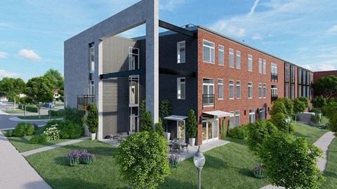 a rendering of a building with a black and white facade and a red brick facade
