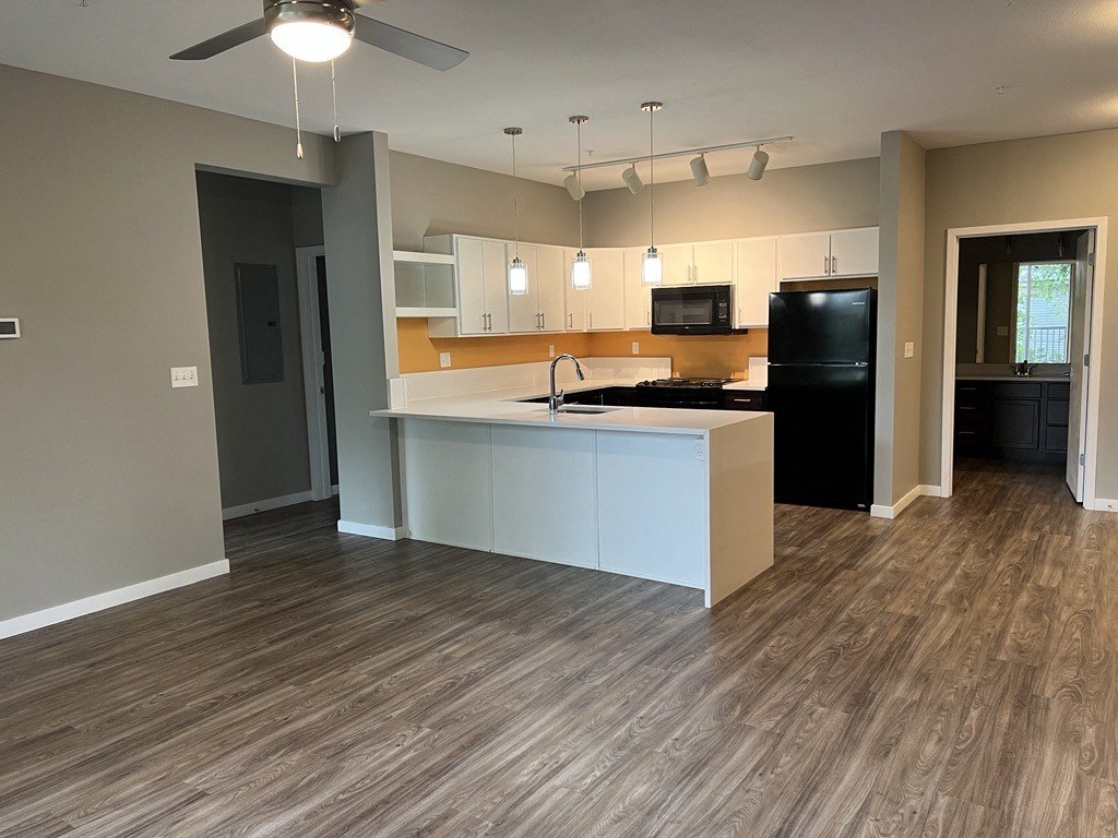 a view of a kitchen and a living room with wood flooring