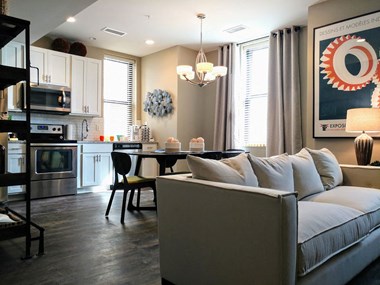 Modern Living Area With Kitchen at Studebaker Lofts, South Bend, Indiana