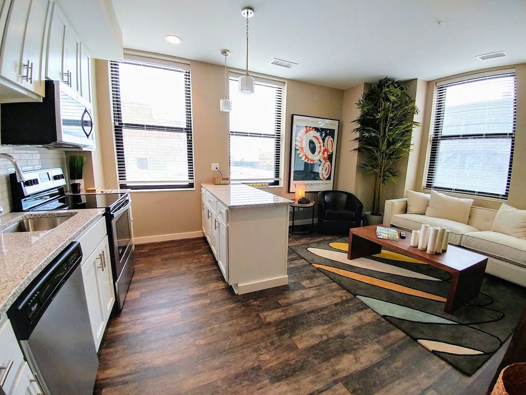 Kitchen With Living Room at Studebaker Lofts, South Bend, IN