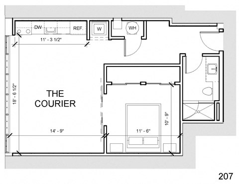 a floor plan of a small house with a bedroom and a bathroom