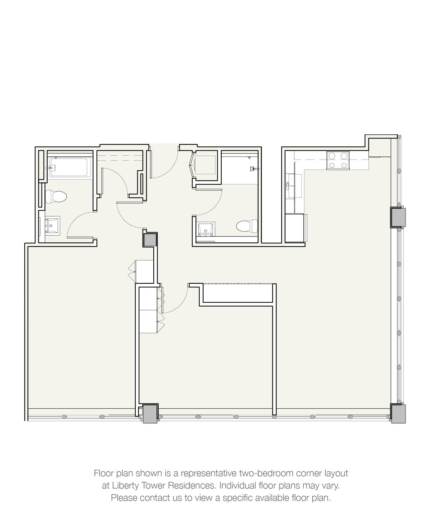 A floor plan for a two-bedroom corner unit at Liberty Tower Residences is displayed.