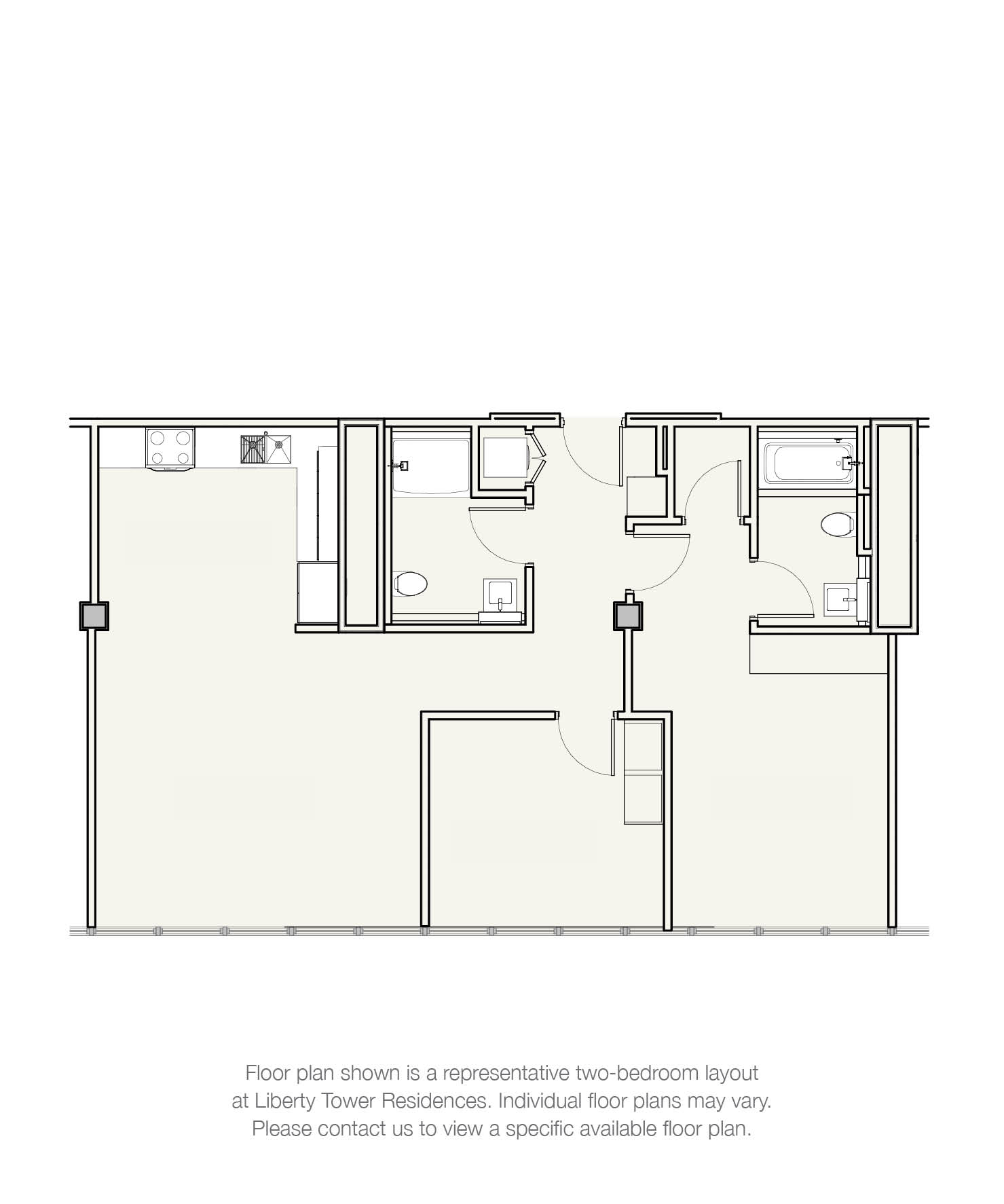 A floor plan for a two-bedroom apartment at Liberty Tower Residences is displayed.